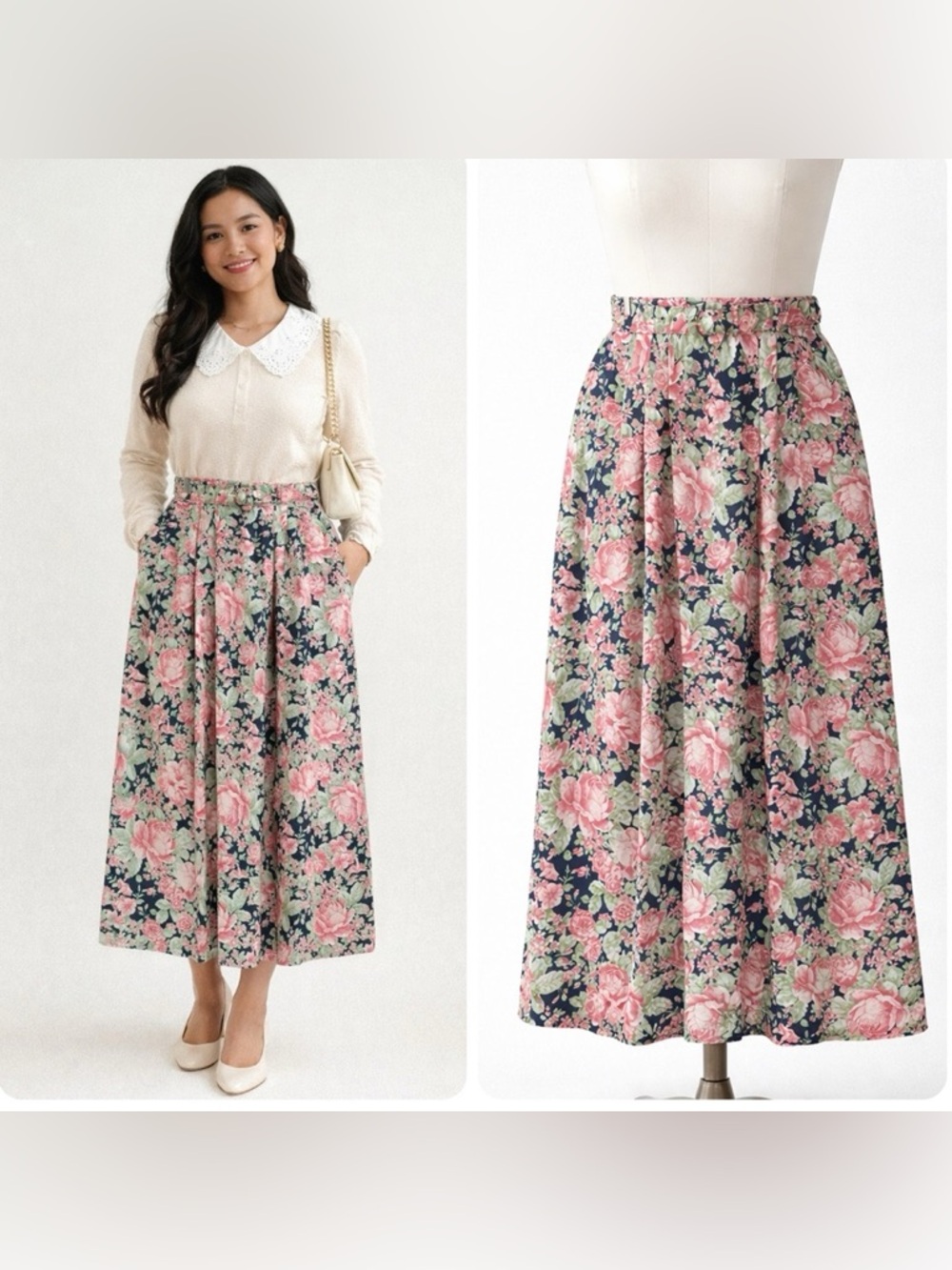 Evan Picone 80s Floral Pleated Tea Length Midi Skirt with Belt & Pockets Size 4